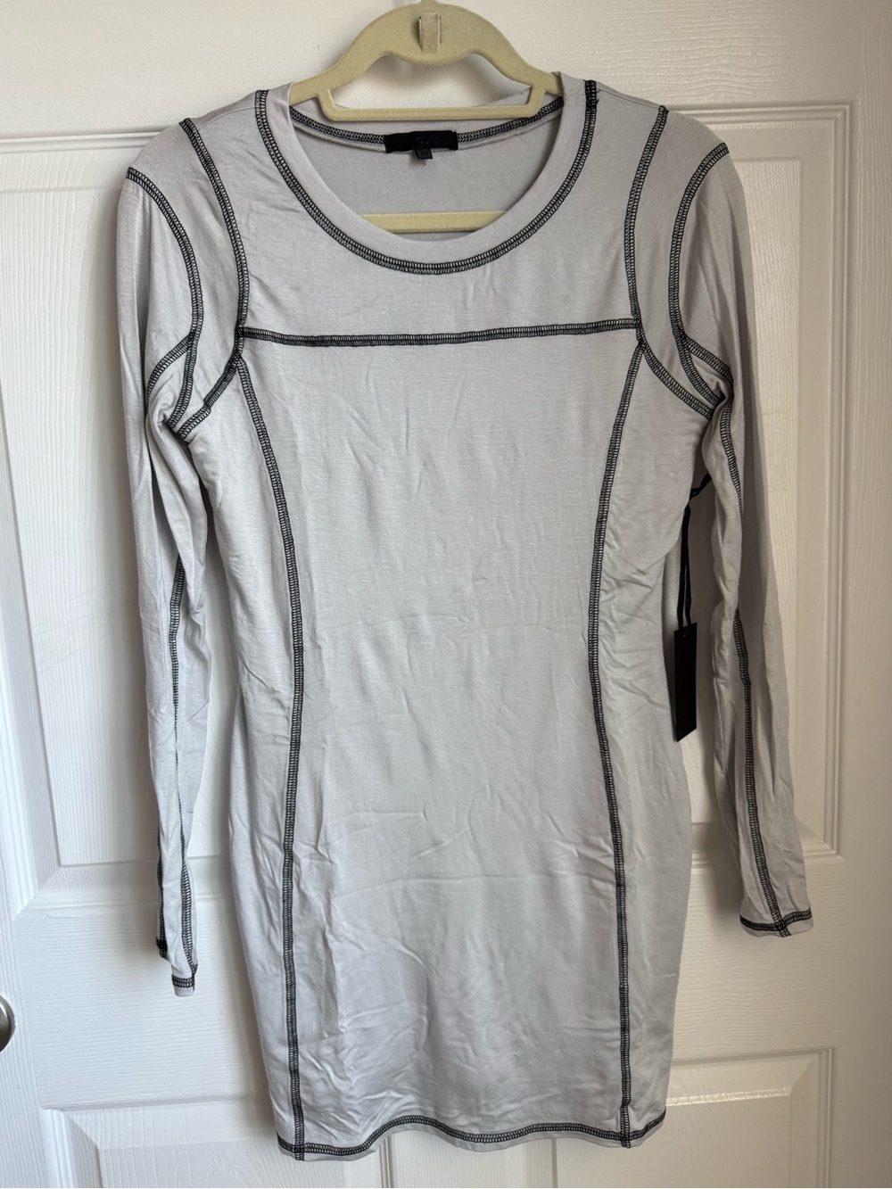 Long Sleeve Contrast-Stitch Dress in Light Gray